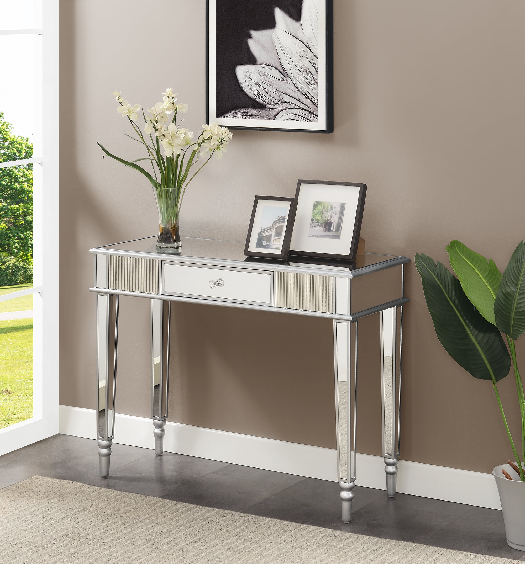 Convenience Concepts French Country 1 Drawer Mirrored Desk & Console Table&#44; Stainless Steel