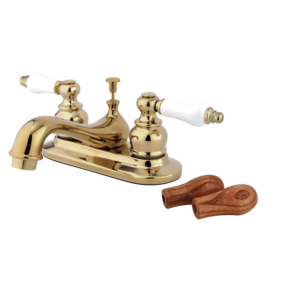 FurnOrama Water Saving Restoration Lavatory Faucet with Ceramic & Oak Handles&#44; Polished Brass