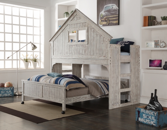FixturesFirst PD-007D-008FD Club House Low Loft with Full Size Caster Bed in Brushed Driftwood