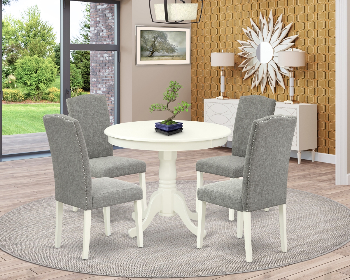 GSI Homestyles 36 in. Antique Round Table & 4 Parson Chair with Linen White Leg & Linen Fabric - Dark Shitake&#44; 5 Piece