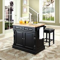 BetterBeds Crosley Furniture  Butcher Block Top Kitchen Island in Black Finish with 24 in. Black Upholstered Square Seat Stools