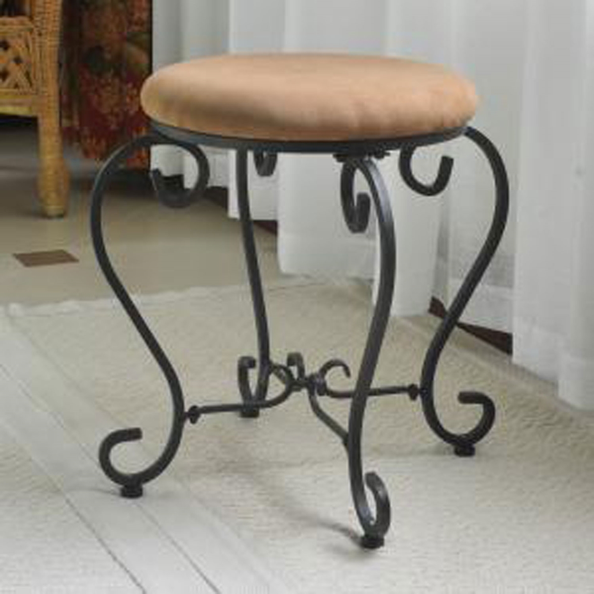 FixturesFirst Iron Vanity Round Stool with Cushion&#44; Saddle Brown