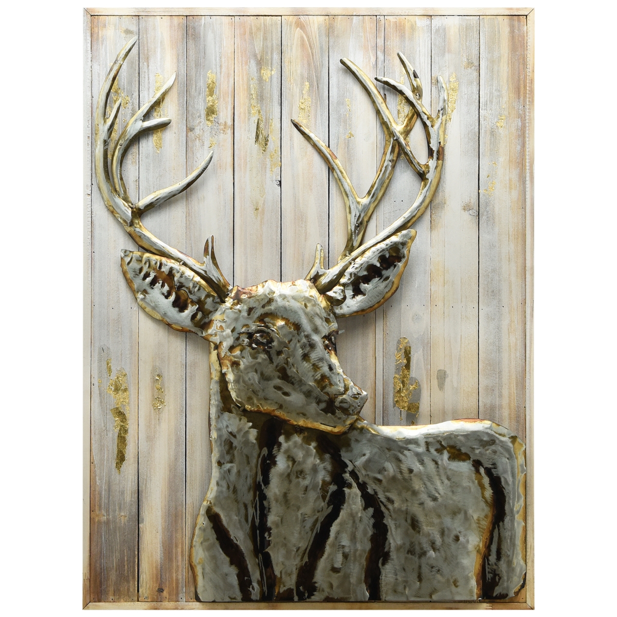 Solid Storage Supplies 40 x 30 in. Deer 1 Hand Painted Primo Mixed Media Iron Wall Sculpture on Slatted Solid Wood 3D Metal Wall Art