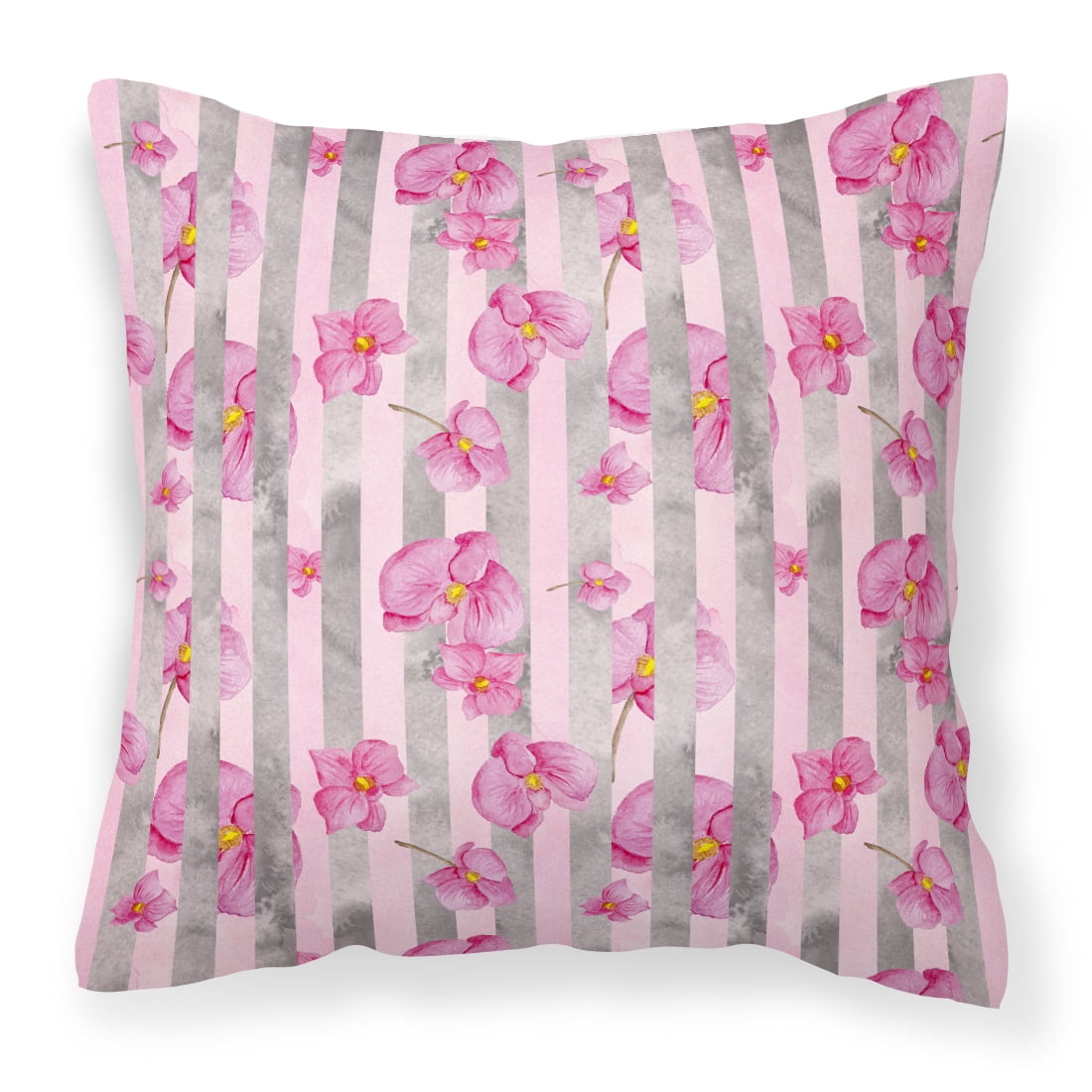 JensenDistributionServices Watercolor Pink Flowers Grey Stripes Fabric Decorative Pillow&#44; 14 x 14 in.