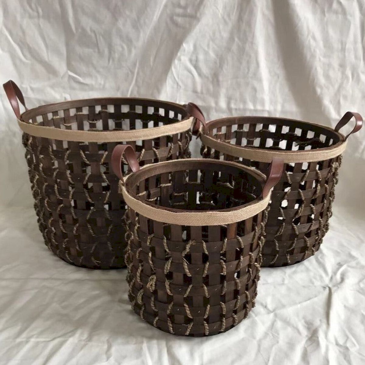 Rarity Dark Brown Woven Wood with Fabric Handles Baskets&#44; Set of 3