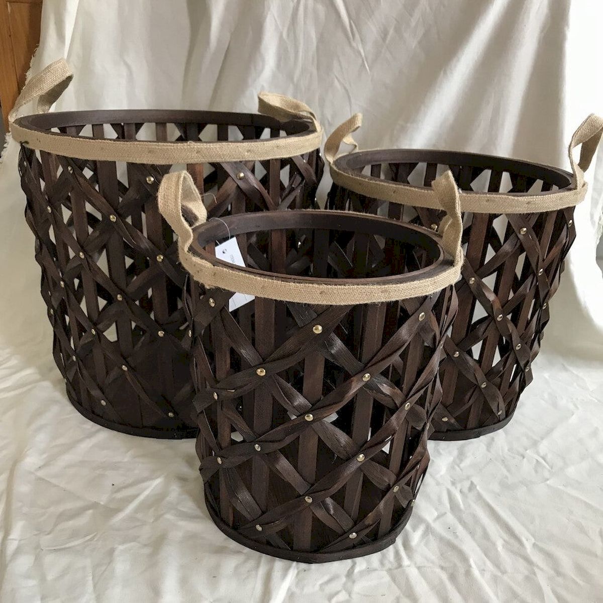 Rarity Brown Woven Wood with Fabric Handles Baskets&#44; Set of 3