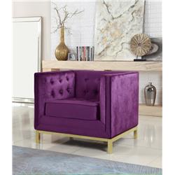 FixturesFirst Evie Accent Club Chair Tufted Velvet Plush Cushion Brass Finished Stainless Steel Brushed Metal Frame&#44; Purple