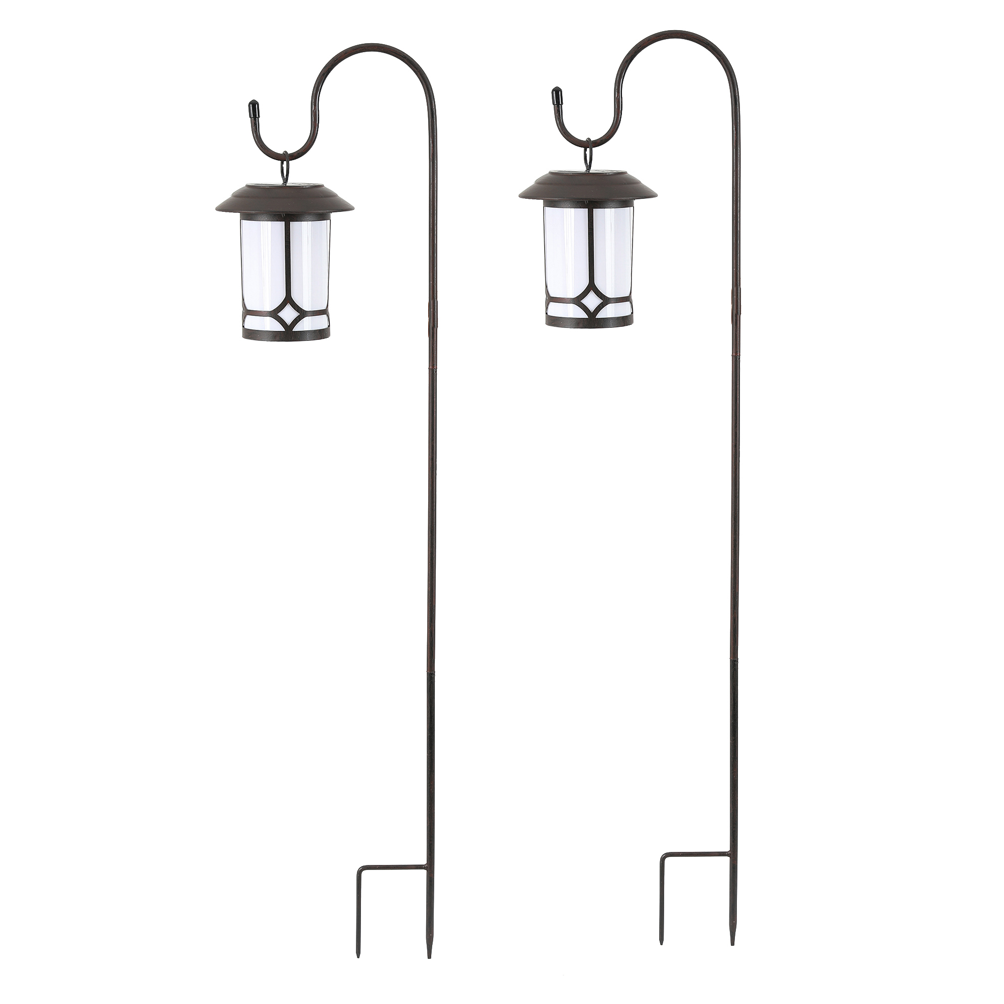 SplashofFlash Luxen Höme Set of 2 Brown/White Solar Plastic Lanterns with Metal Shepherd Hooks