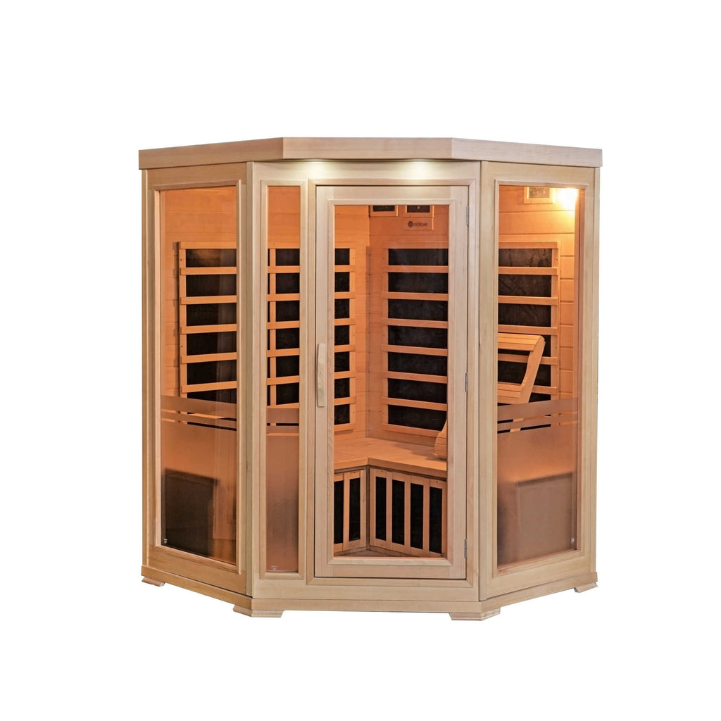Olympian Athlete Sonoma 3-Person Hemlock Infrared Corner Sauna with 7 Carbon Heaters&#44; Natural & Clear