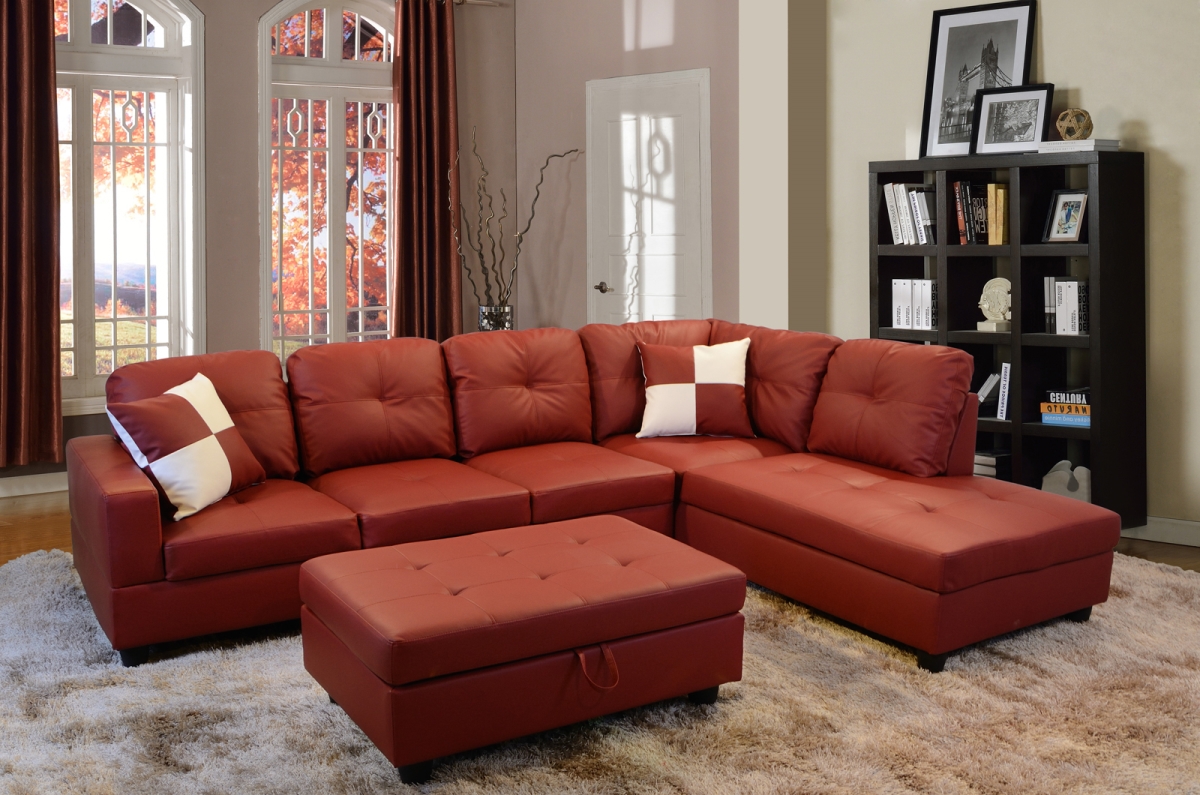 KD Cama de bebe Right Facing Sectional Sofa Set - Faux Leather&#44; Red - 3 Piece
