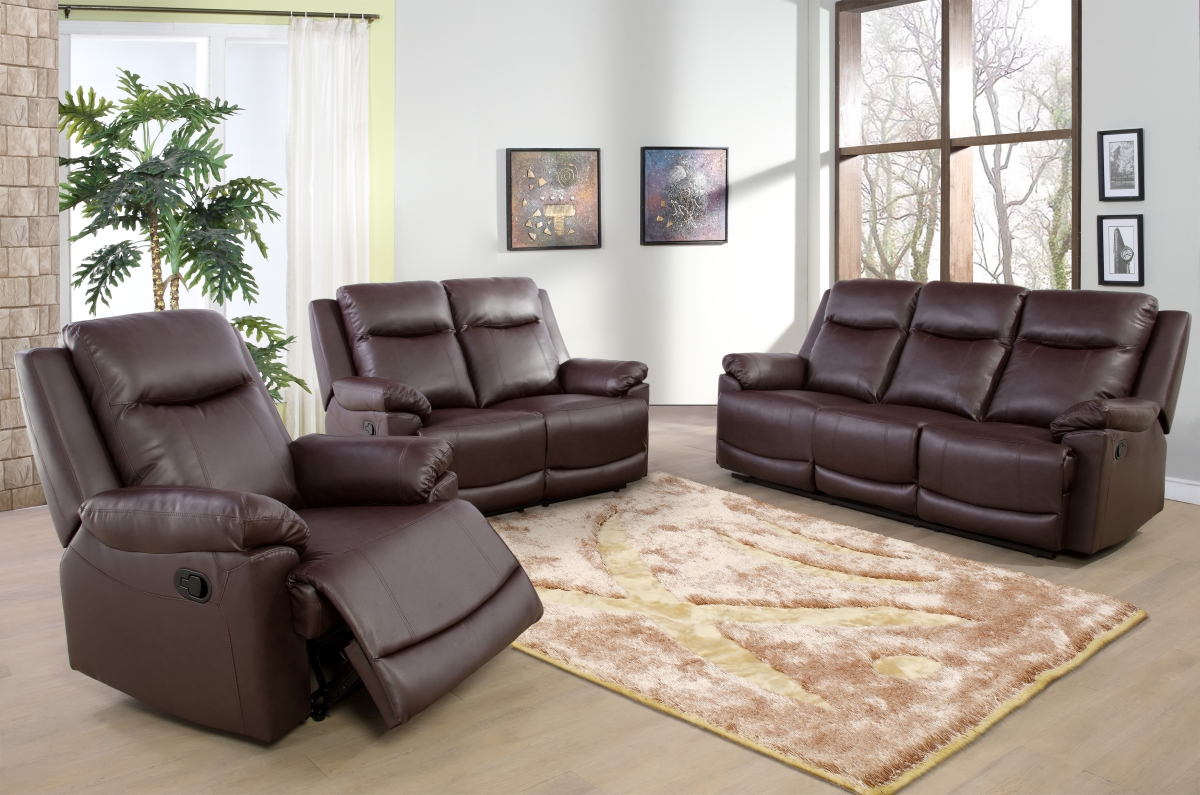 KD Pecho 3 Piece Reclining Living Room or Office Sofa Set&#44; Bonded Leather - Brown