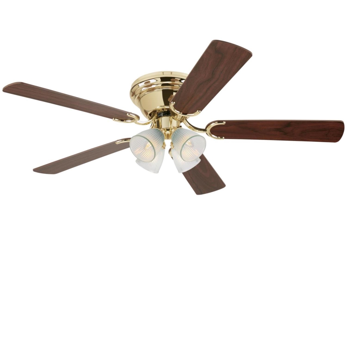 BrightBomb 52 in. Ceiling Fan with Dimmable LED Light Fixture Polished Brass Finish Reversible Blades Walnut & Oak Clear Ribbed Glass