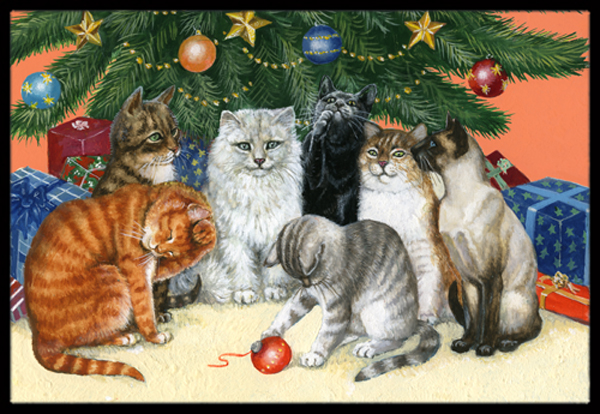 JensenDistributionServices Cats Under the Christmas Tree Indoor or Outdoor Mat&#44; 24 x 36