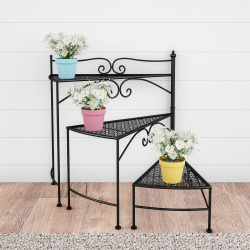 ProPation Plant Stand 3-Tier Indoor or Outdoor Folding Spiral Stairs Wrought Iron Metal Home & Garden Display with Staggered Shelves&#44;