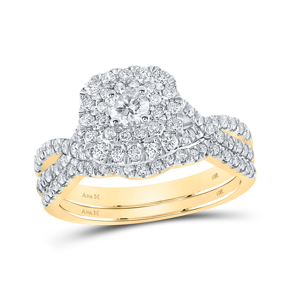 GND Jewelry 165323 14K Yellow Gold Round Diamond Square Halo Bridal Wedding Ring Set - 1 CTTW