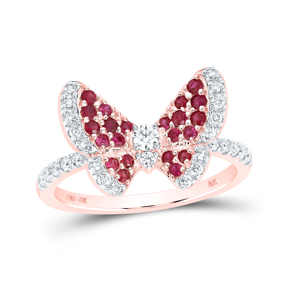 GND Jewelry 168305 10K Rose Gold Round Ruby Diamond Butterfly Ring - 0.625 CTTW