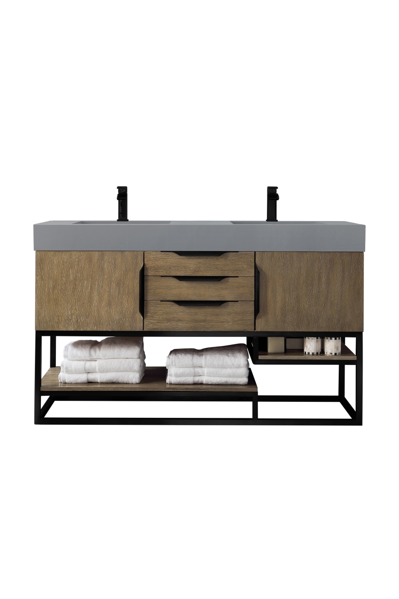 James Martin Furniture 388-V59D-LTO-MB-DGG 59 in. Columbia Double Vanity with Glossy Composite Top&#44; Latte Oak&#44; Matte Black & Dusk Gray