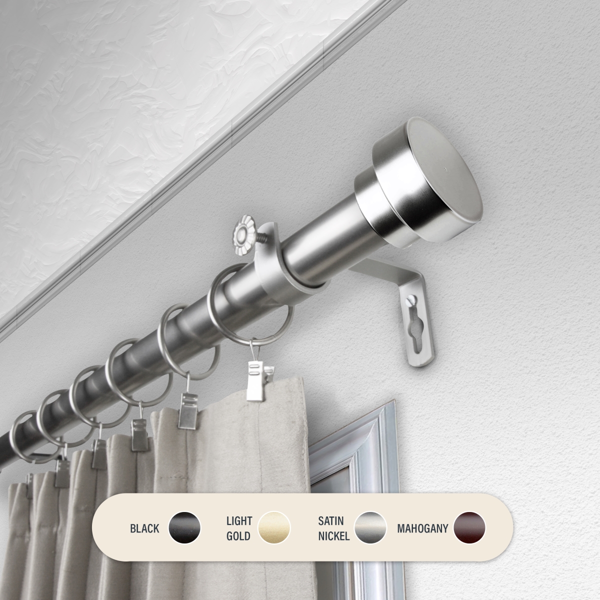 Central Design 100-37-485 1 in. Cover Curtain Rod with 48 to 84 in. Extension&#44; Satin Nickel