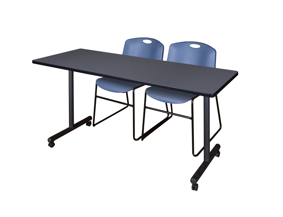Regency MKTRCC7224GY44BE 72 x 24 in. Kobe Mobile Training Table&#44; Grey & 2 in. Zeng Stack Chairs - Blue