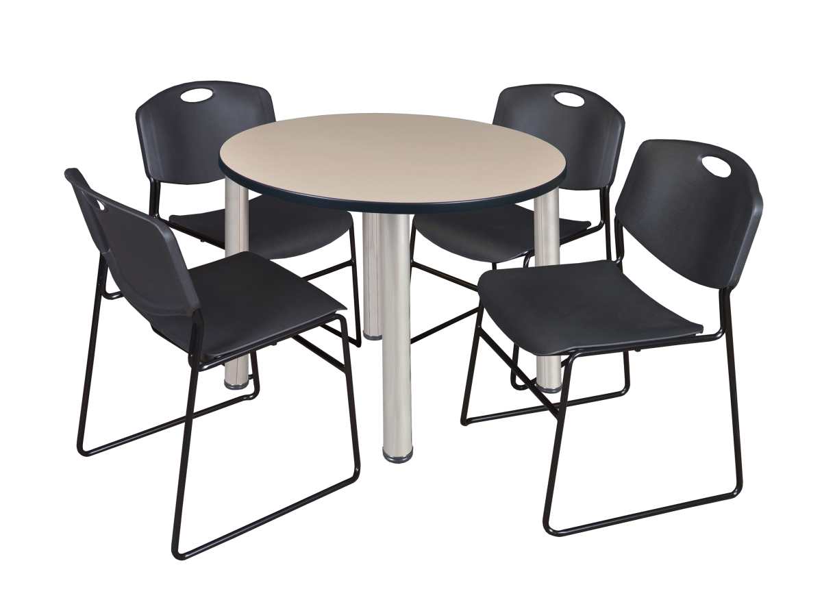 Regency TB42RNDBEBPCM44BK 42 in. Kee Round Breakroom Table & 4 Zeng Stack Chairs&#44; Beige&#44; Chrome & Black