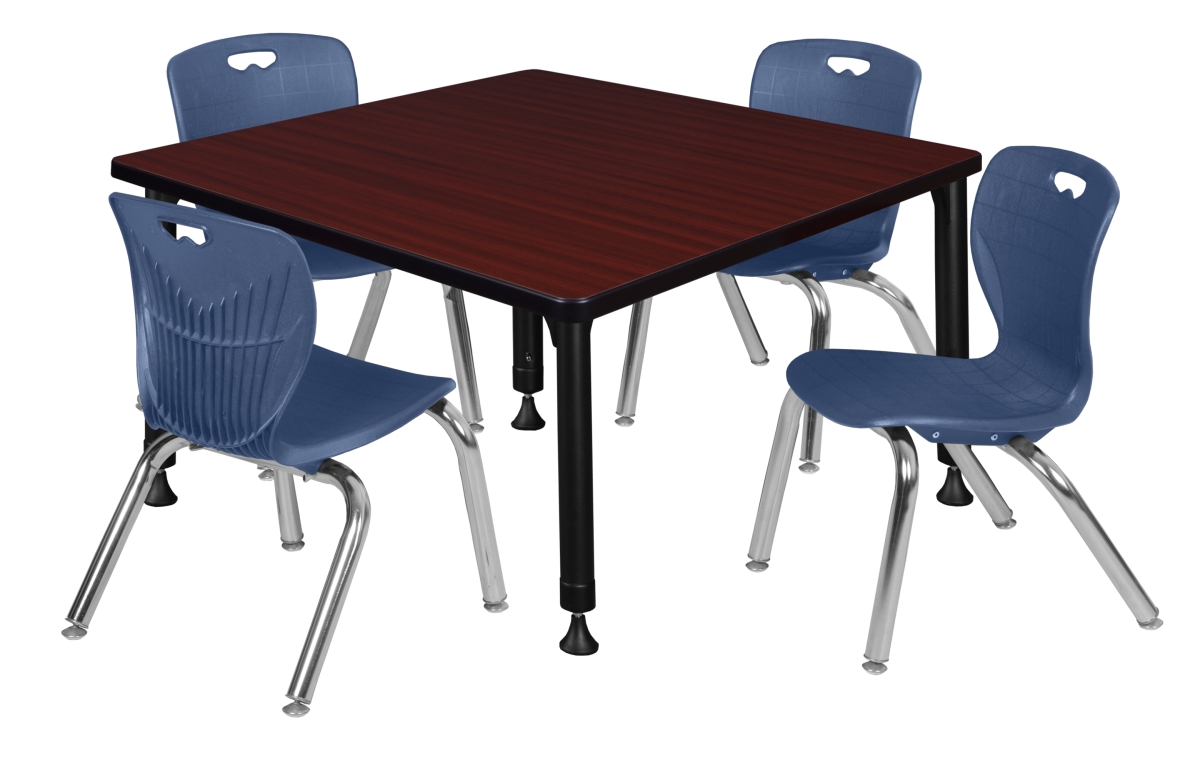Regency TB3636MHAPBK45NV 36 in. Kee Square Height Adjustable Classroom Table&#44; Mahogany & 4 Andy 12 in. Stack Chairs - Navy Blue
