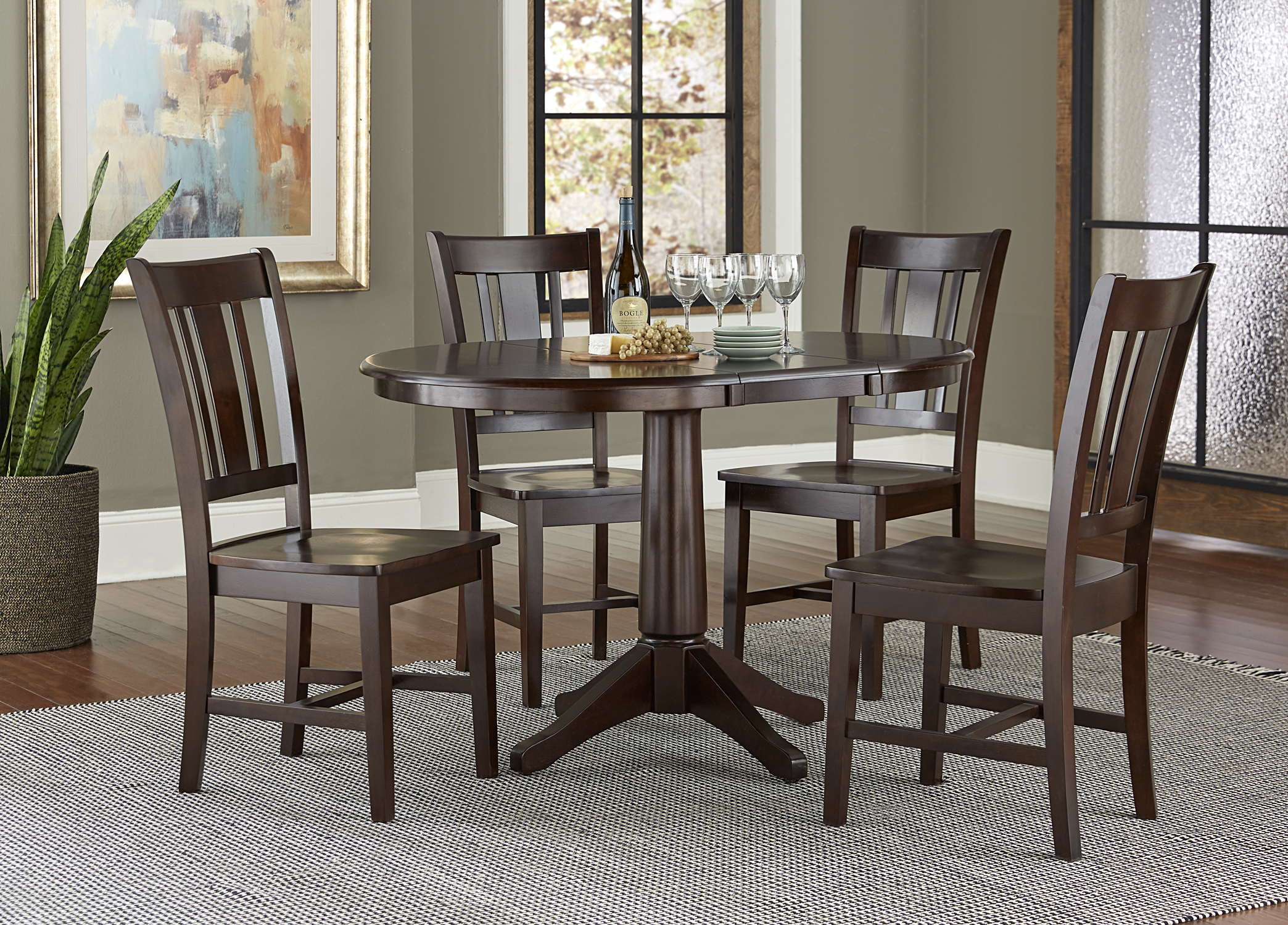 International Concepts K15-36RXT-27B-C10-4 36 in. Round Extension Dining Table with 4 San Remo Chairs - 5 Piece