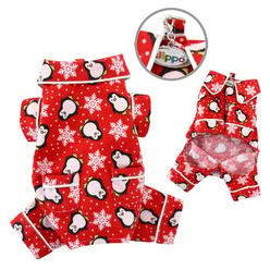 Klippo Pet Penguins & Snowflake Flannel Pajamas With 2 Pockets&#44; Red - Small