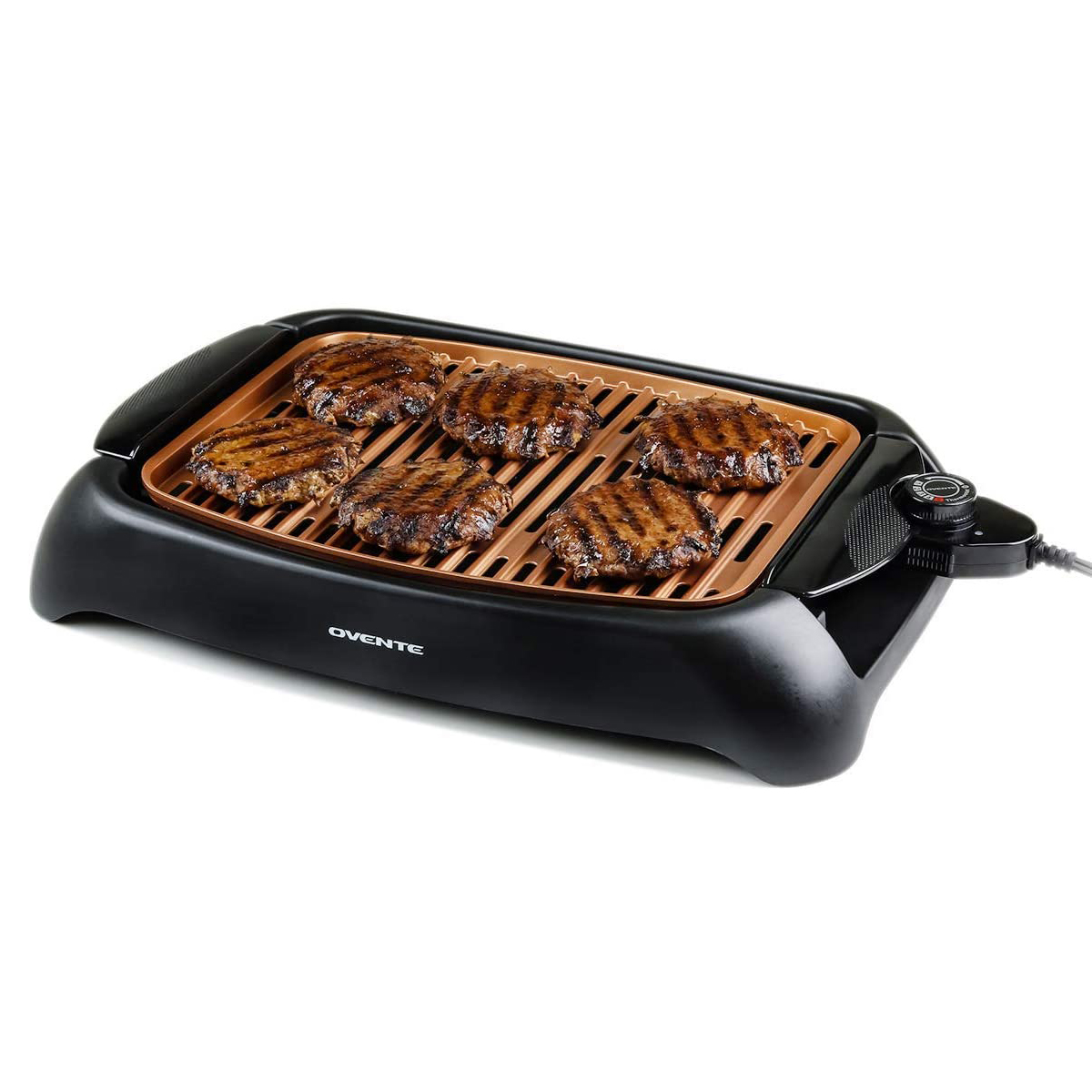 Ovente 13 x 10 in. Nonstick Cast Iron Flat Plate Electric Cooking Grill with Oil Drip Pan & Temperature Control&#44; Copper