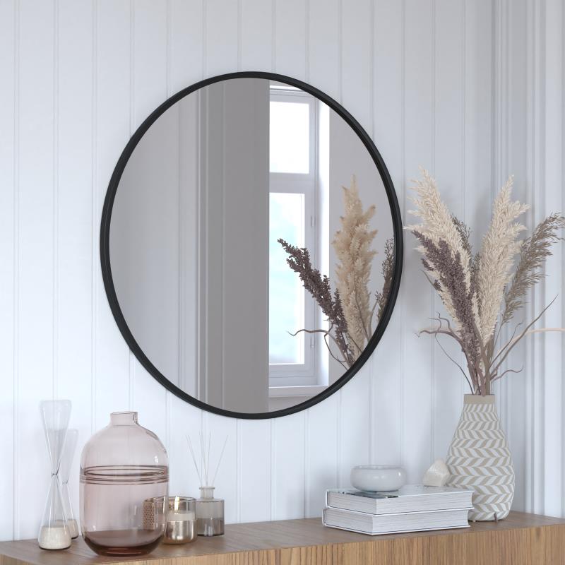 Flash Furniture HFKHD-0GD-CRE8-812315-GG 30 in. Julianne Round Black Metal Framed Wall Mirror with Large Accent Mirror for Bathroom&#44; Vanity&