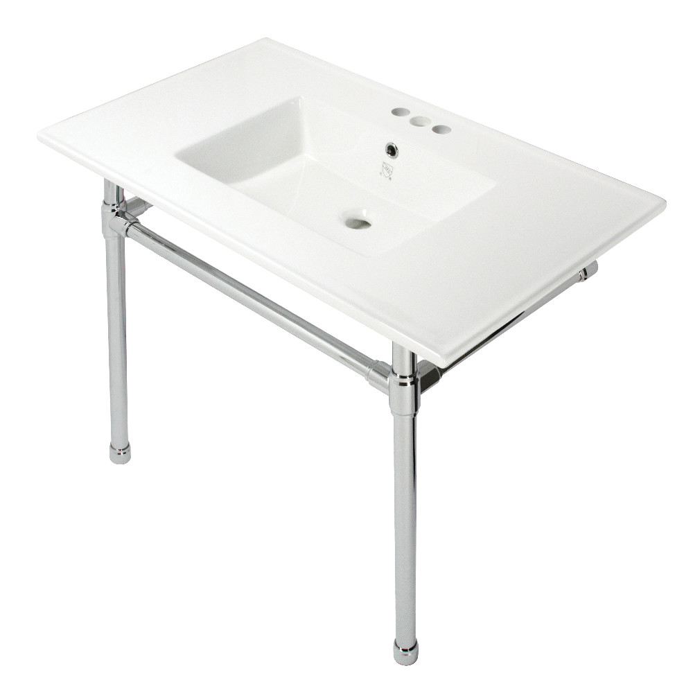 Kingston Brass KVPB37227W41 Dreyfuss 37 in. Console Sink with Stainless Steel Legs&#44; 4 in. - 3 Hole&#44; White & Polished Chrome