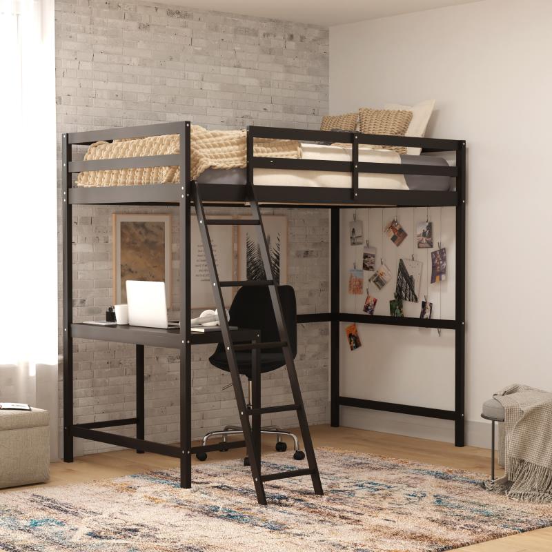 Flash Furniture MH-LBD5-ESP-T-GG Riley Loft Bed Frame with Desk&#44; Wooden Bed Frame with Protective Guard Rails & Ladder for Kids&#44; Teens &