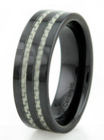 EWC R40054-080 Black Ceramic Mens Ring with White Carbon Fiber Inlay - Size 8