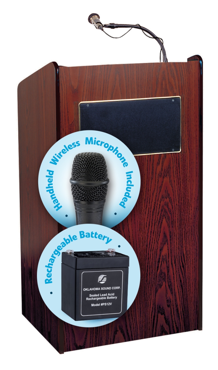Oklahoma sound corporation Oklahoma Sound M6010-MY-LWM-5 50W The Aristocrat Sound Lectern & Rechargeable Battery with Handheld Wireless Mic&#44; Mahogany