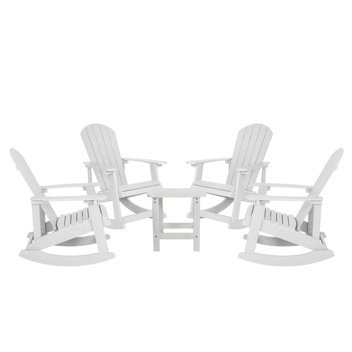 Flash Furniture Set of 4 Savannah All-Weather Poly Resin Wood Adirondack Rocking Chairs with Side Table in White