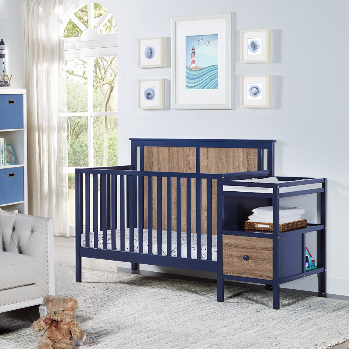 Suite Bebe 27501-MBL Connelly Lifetime 4-in-1 Crib & Changer Combo with Mattress Pad&#44; Midnight Blue & Vintage Walnut