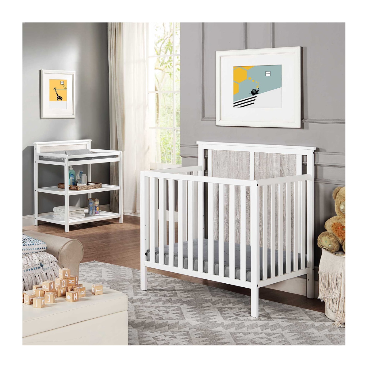 Suite Bebe 27599-WH Connelly Mini Crib with Mattress Pad&#44; White & Rockport Gray