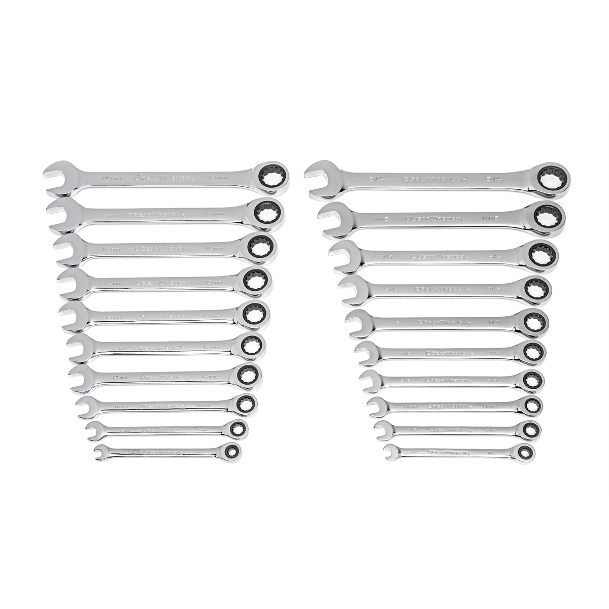 GearWrench Gear Wrench KDT35720-06 72-Tooth SAE & Metric Ratcheting Combination Wrench Set&#44; Polished Silver - 20 Piece