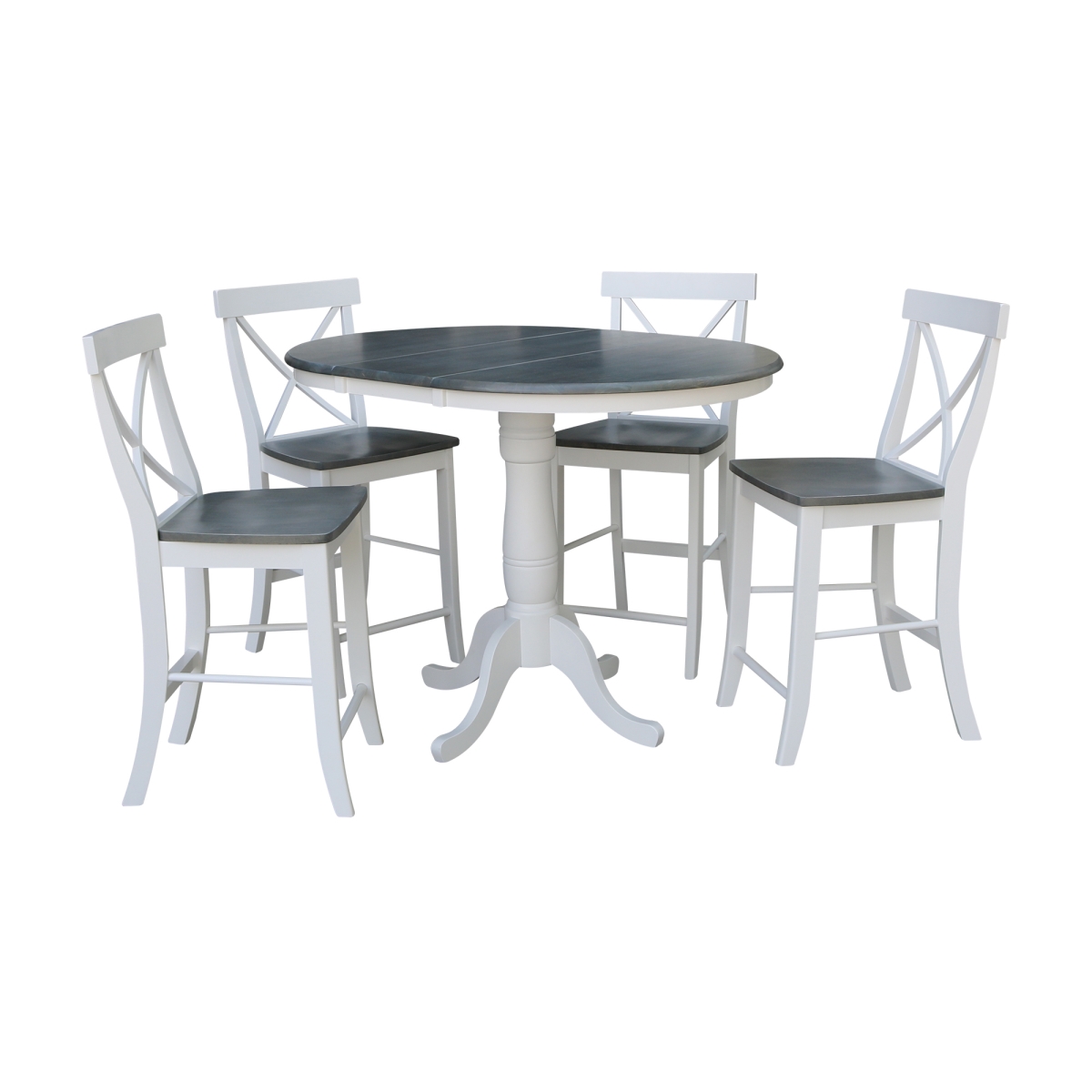 International Concepts K05-36RXT-6B-S6132-4 36 in. Round Extension Dining Table with 4 X Back Counter Height Stools&#44; White & Heather Gray - Set of