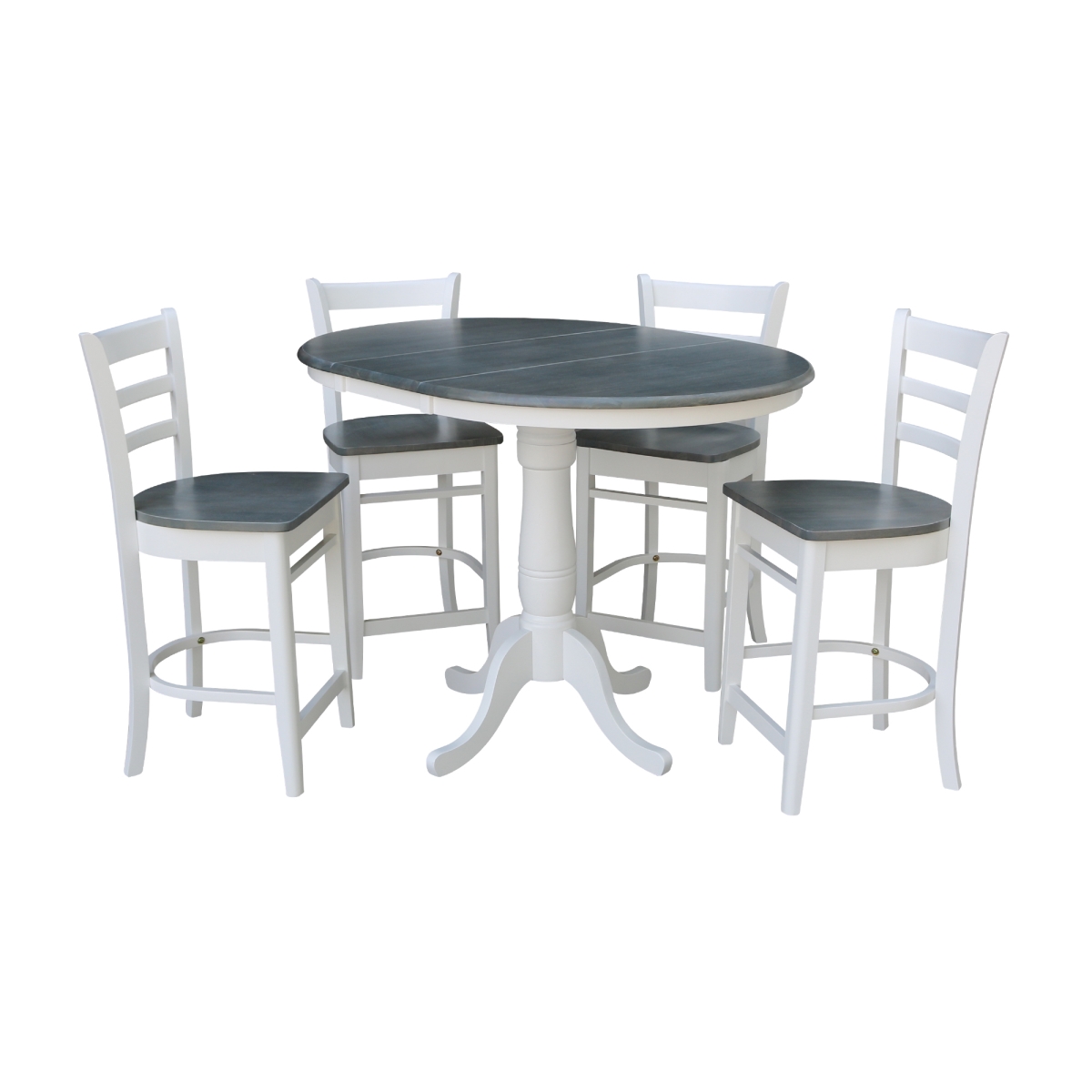 International Concepts K05-36RXT-6B-S6172-4 36 in. Round Extension Dining Table with 4 Emily Counter Height Stools&#44; White & Heather Gray - Set of 5