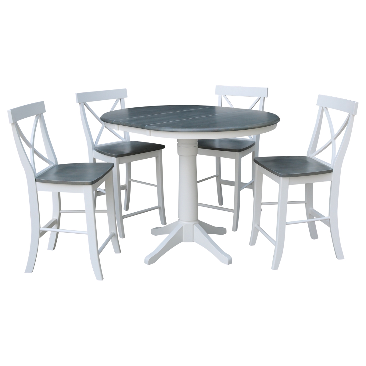 International Concepts K05-36RXT-27B-S6132-4 36 in. Round Extension Dining Table with 4 X Back Counter Height Stools&#44; White & Heather Gray - Set of