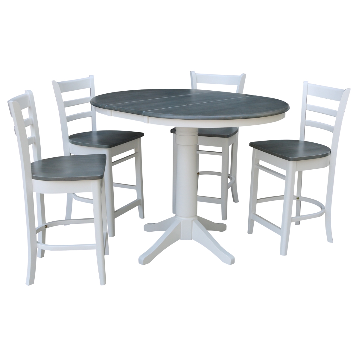 International Concepts K05-36RXT-27B-S6172-4 36 in. Round Extension Dining Table with 4 Emily Counter Height Stools&#44; White & Heather Gray - Set of