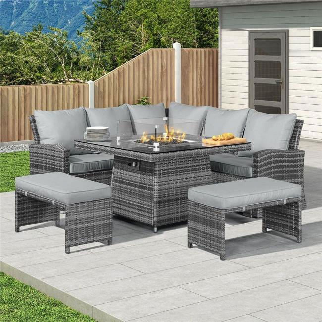DIRECT WICKER UBS-PAF-16700-Grey 5 Pieces Outdoor Patio Fire Pit Table Conversational Sofa set with Cushions&#44; Grey