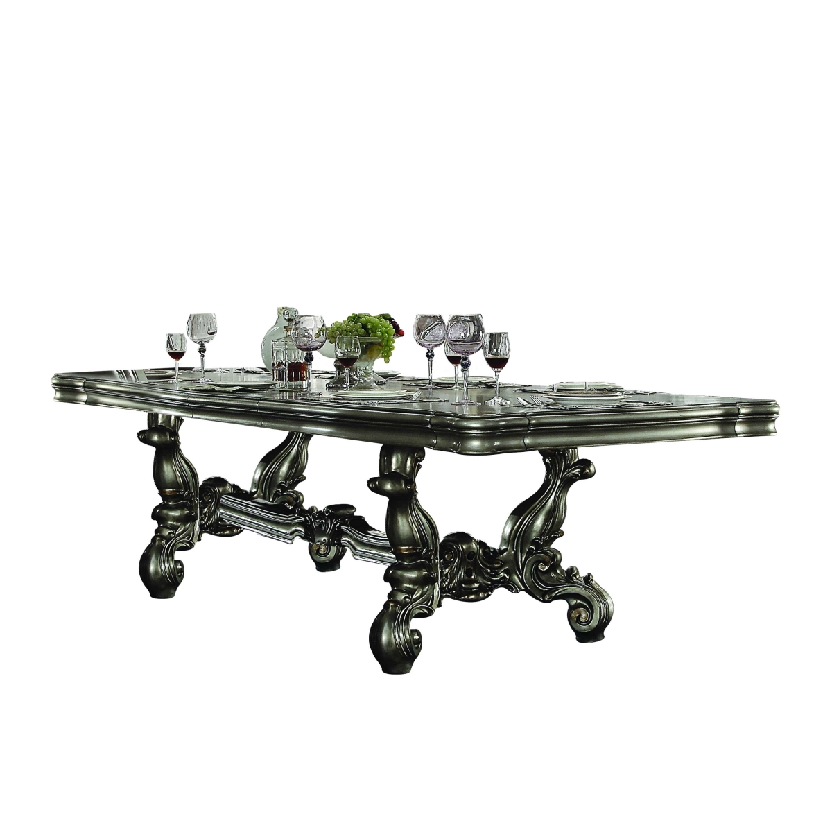 HomeRoots 348653 46 x 136 x 32 in. Antique Platinum Wood Poly Resin Dining Table