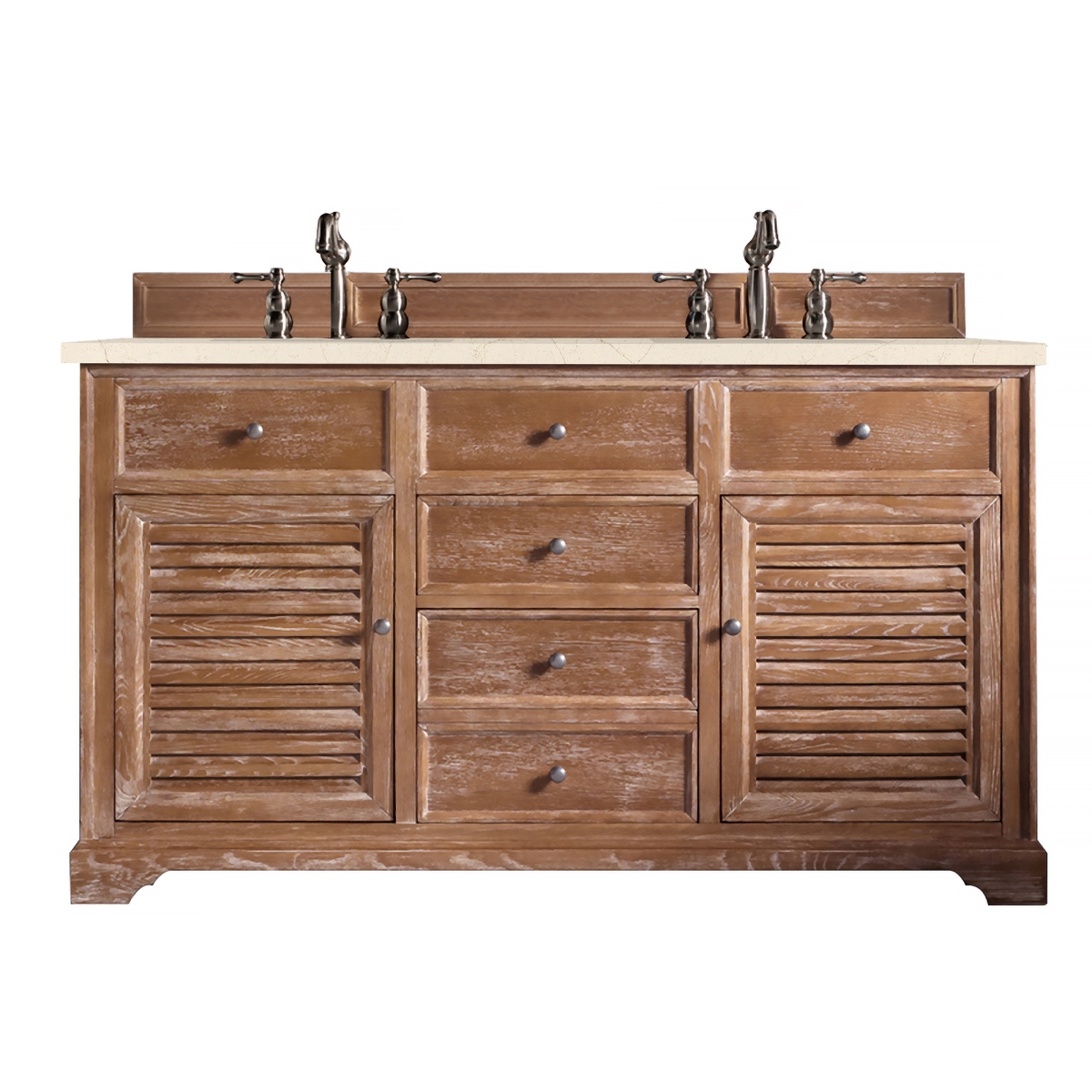 James Martin Furniture 238-104-5611-3EMR 60 in. Savannah Double Vanity Cabinet with 3 cm Eternal Marfil Quartz Top, Driftwood