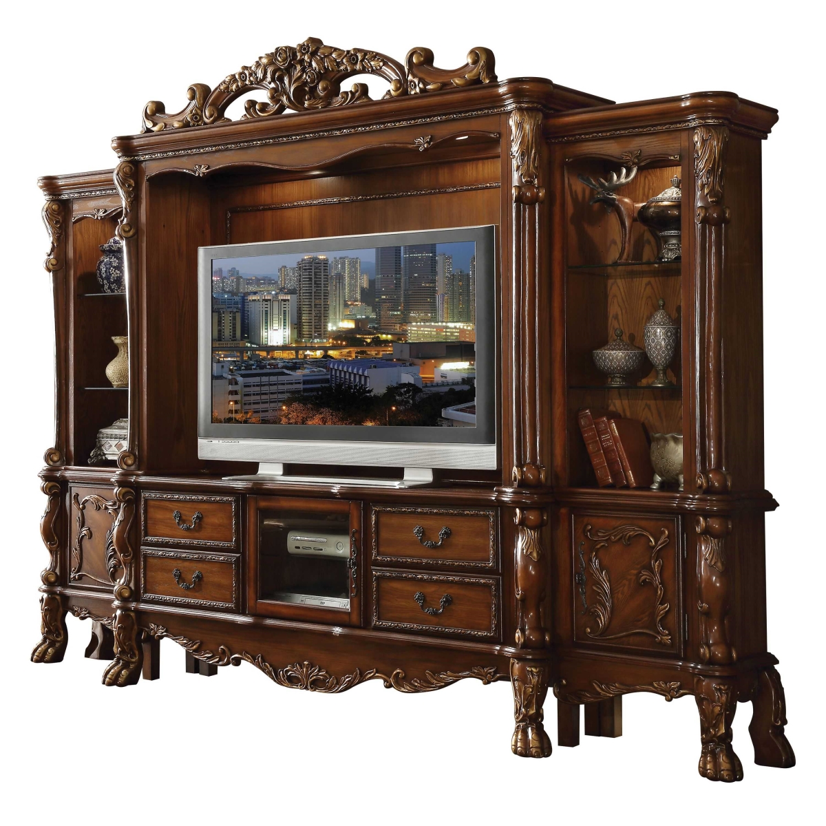 HomeRoots 348658 19 x 121 x 90 in. Cherry Oak Wood Poly Resin Glass Entertainment Center