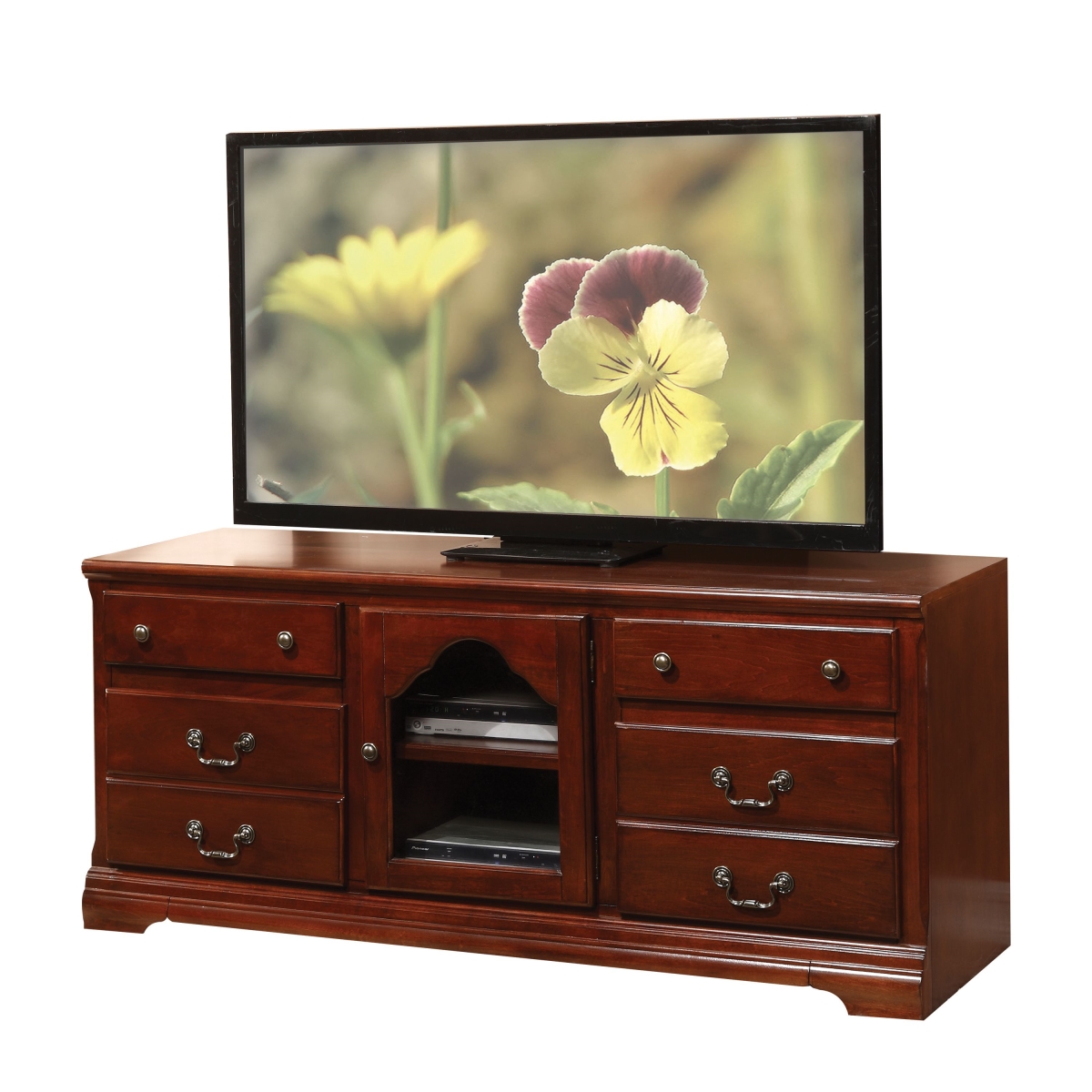 HomeRoots 347481 19 x 58 x 26 in. Cherry Wood Glass TV Stand
