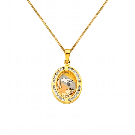 Precious Stars Jewelry  14k Tri-tone Gold Cubic Zirconia Baptism Religious Pendant with 0.8-mm Square Wheat Chain