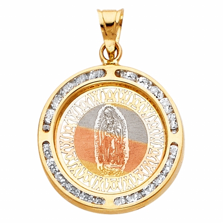 Precious Stars Jewelry 14k Tri-tone Gold Cubic Zirconia Virgin of Guadalupe Religious Pendant