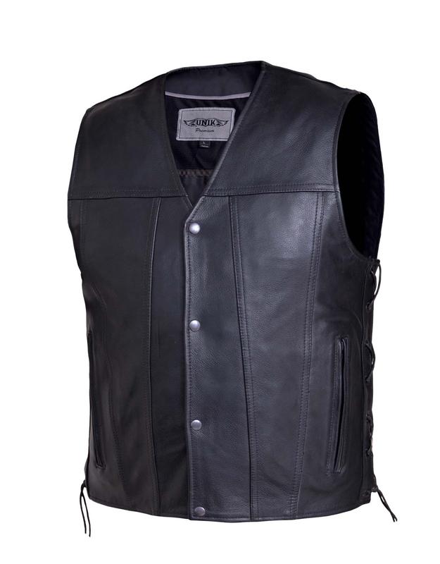 UNIK International 2611-00-BLK-L Mens Premium Leather Motorcycle Vest, Black - Large