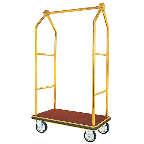 On The Go Bellman Luggage Cart - Brass W/ Carpeted Bed and Hanger Rail